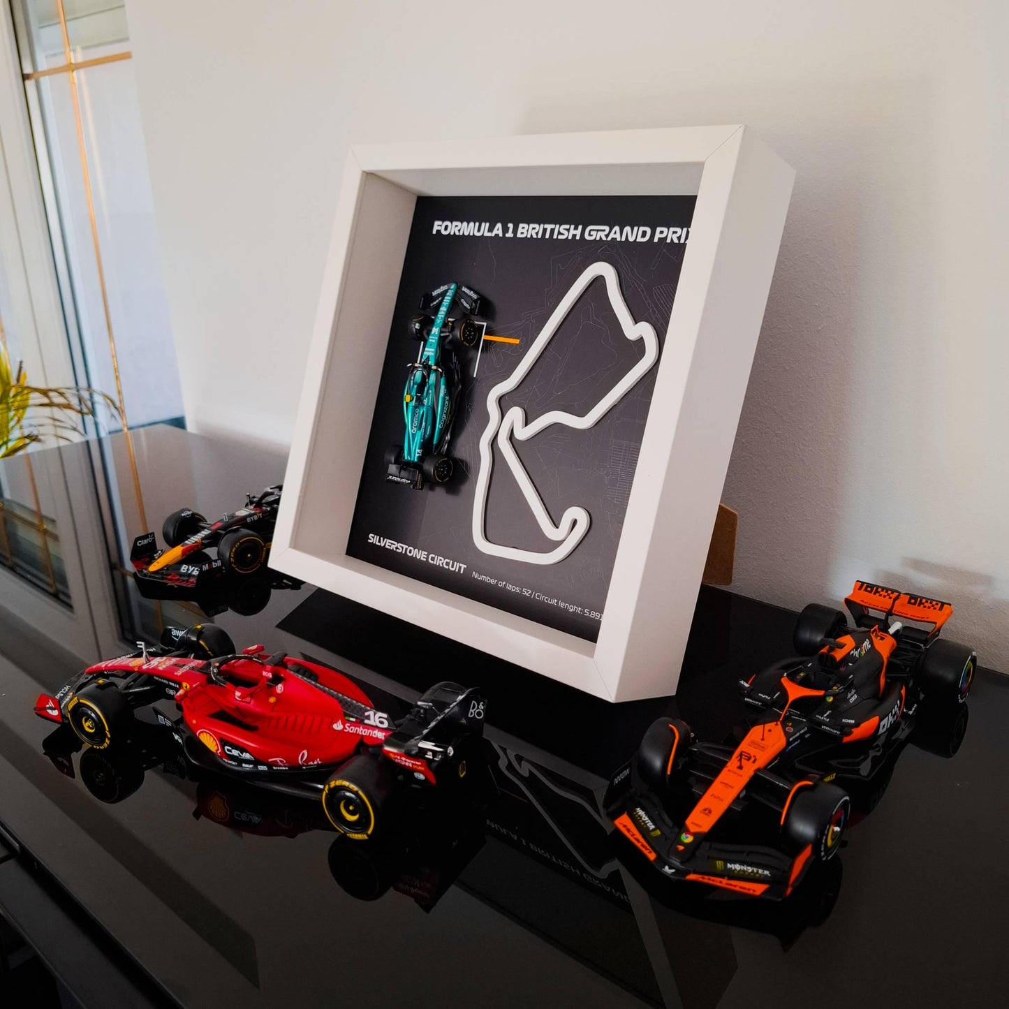 F1 Silverstone Circuit - British Framed Art: Plexiglass 3D Track with Formula One Car Model
