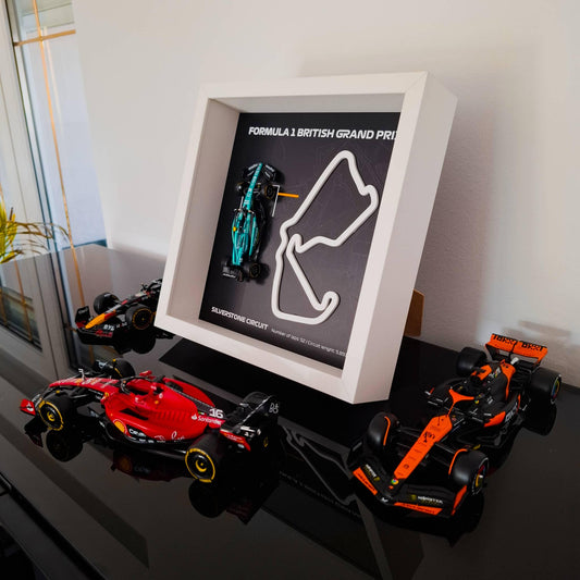 F1 Silverstone Circuit - British Framed Art: Plexiglass 3D Track with Formula One Car Model
