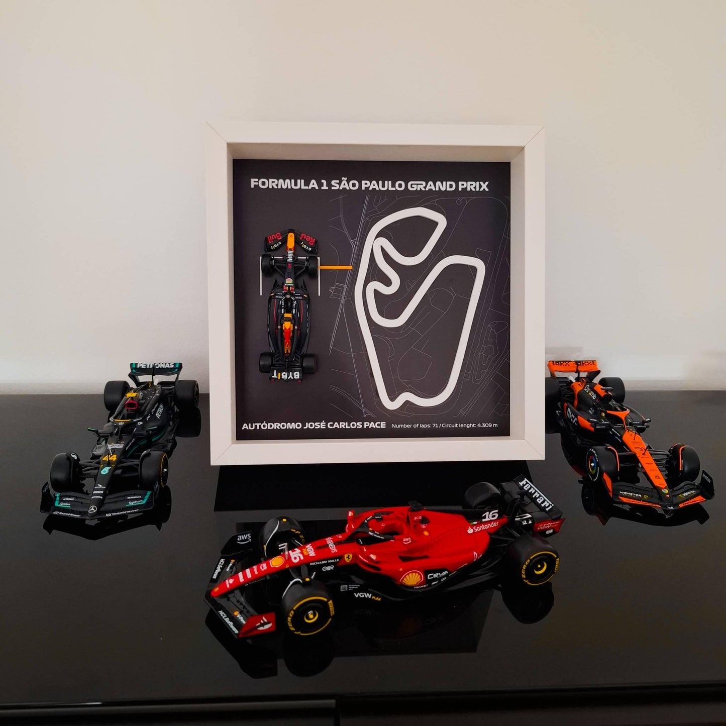F1 Sao Paulo - Jose Carlos Circuit Framed Art: Plexiglass 3D Track with Formula One Car Model