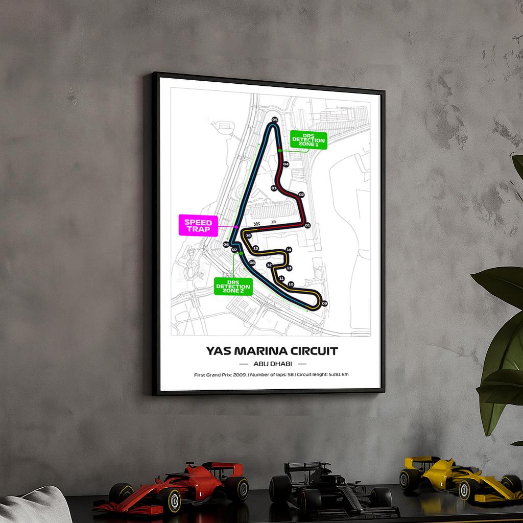 Framed Yas Marina F1 Circuit Poster: 2025 Grand Prix Track Map (50x70cm)
