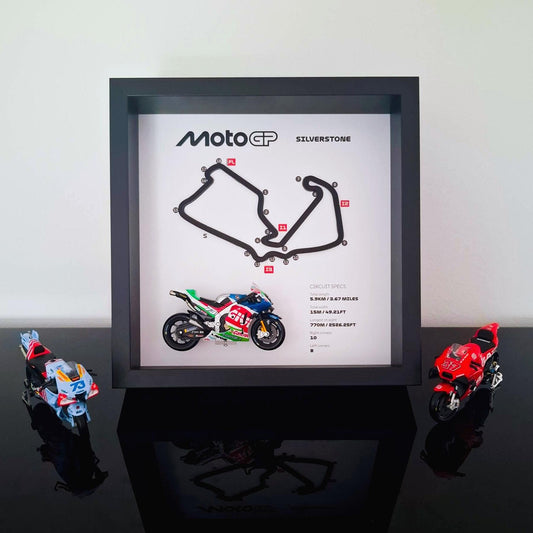 Silverstone Moto Circuit 3D Framed Track Wall Art with Motorcycle Model – UK Racing Gift