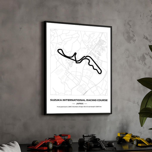 Framed Suzuka F1 Track Poster: Minimalist Motorsport Art (50x70cm)