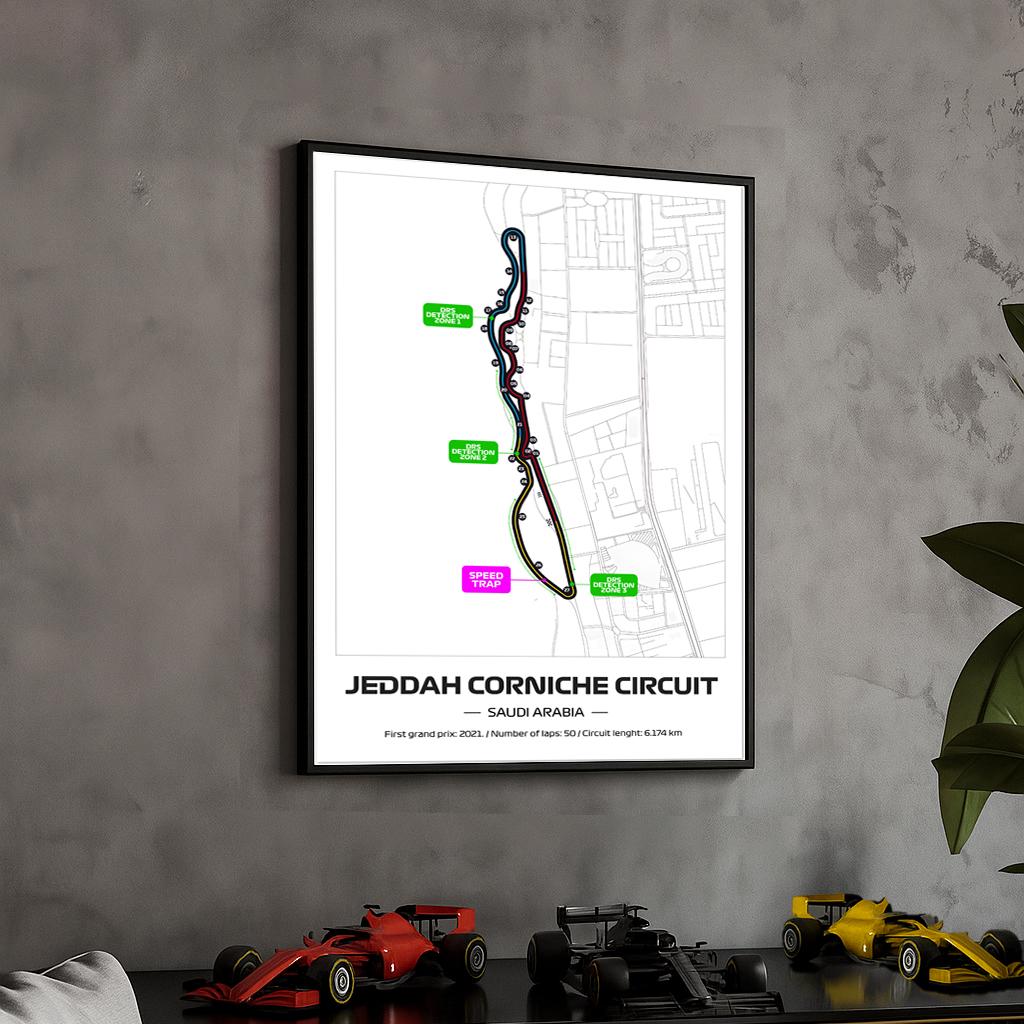 Framed Formula 1 Jeddah Circuit Poster: Motorsport Wall Art (50x70cm)