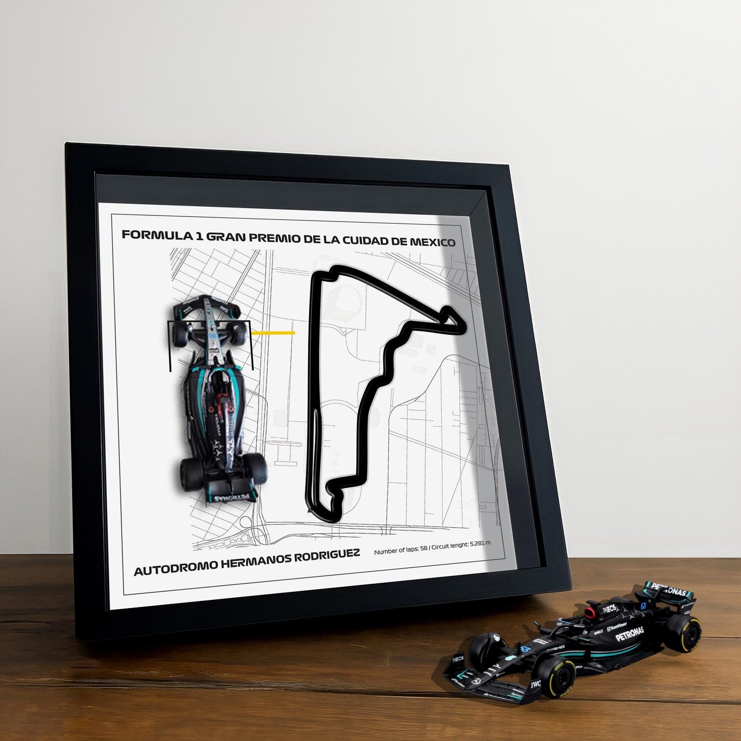 F1 Mexico Circuit Framed 3D Art: Plexiglass 3D Track with Formula One Car Model