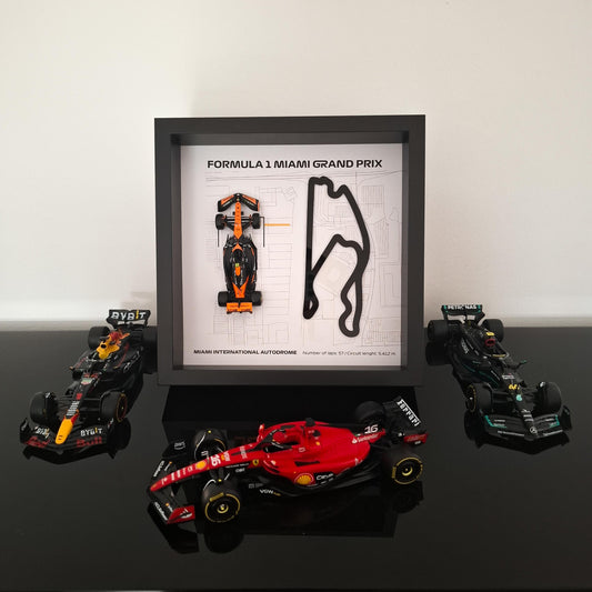 Miami F1 Framed 3D Art: Plexiglass 3D Track with Formula One Car Model