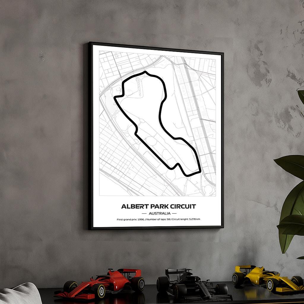 Framed Albert Park F1 Track Poster: Minimalist Motorsport Art (50x70cm)