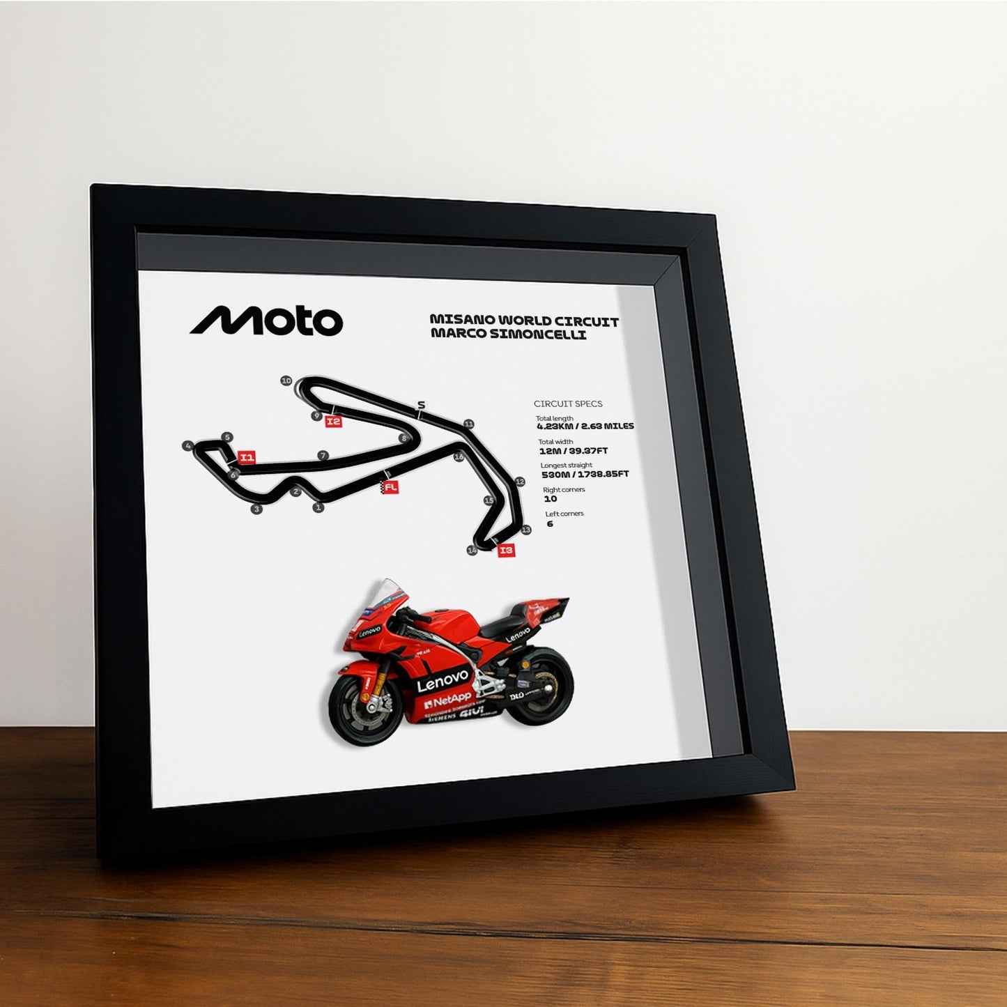 Misano Moto Circuit 3D Framed Art: Italy Racing Gift with Motorcycle Model