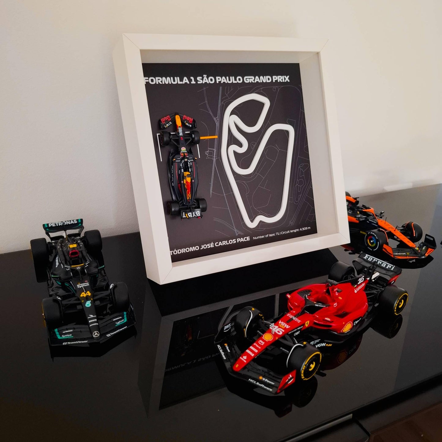 F1 Sao Paulo - Jose Carlos Circuit Framed Art: Plexiglass 3D Track with Formula One Car Model