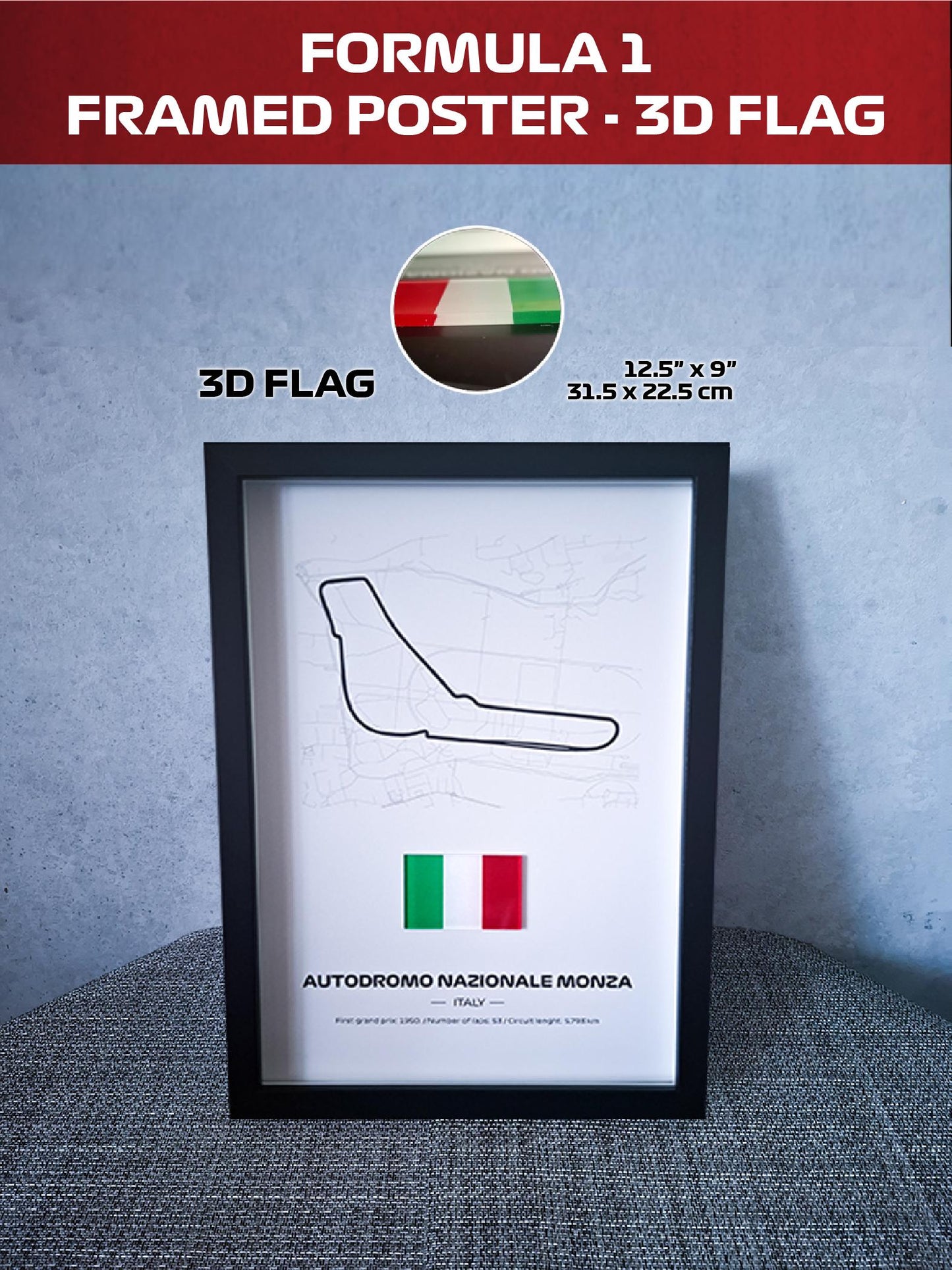Framed Poster Monza Italy with 3D Flag - High-Quality Printed Background - 31,5 x 22,5cm Display - Formula 1 Gift