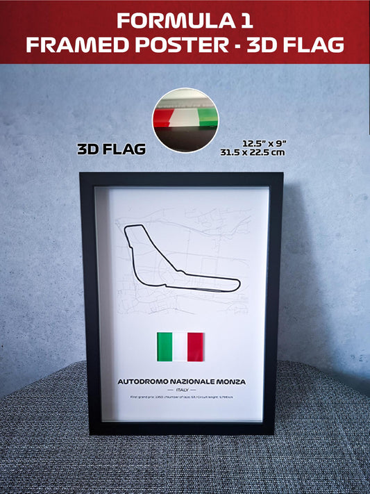 Framed Poster Monza Italy with 3D Flag - High-Quality Printed Background - 31,5 x 22,5cm Display - Formula 1 Gift