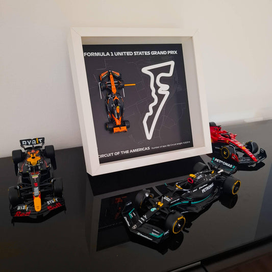 F1 United States (US) - Amerikas Circuit Framed Artwork: Plexiglass 3D Track with Formula One Car Model