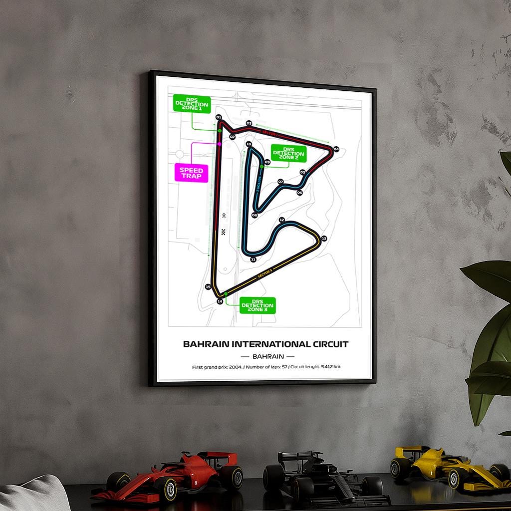 Framed Bahrain Formula 1 Circuit Poster: 2025 Map (50x70cm)