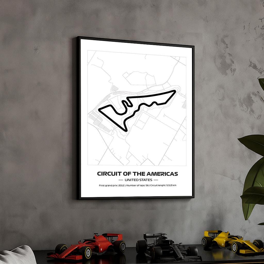 Framed F1 Austin Circuit Poster: Minimalist Motorsport Art (50x70cm)