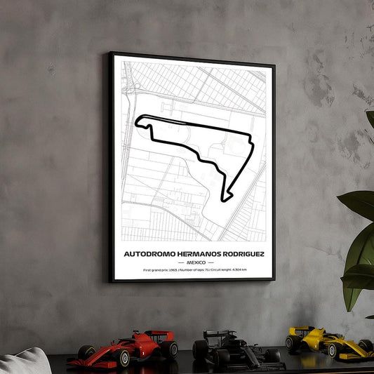 Framed F1 Hermanos Rodriguez Circuit Poster: Minimalist Motorsport Art (50x70cm)