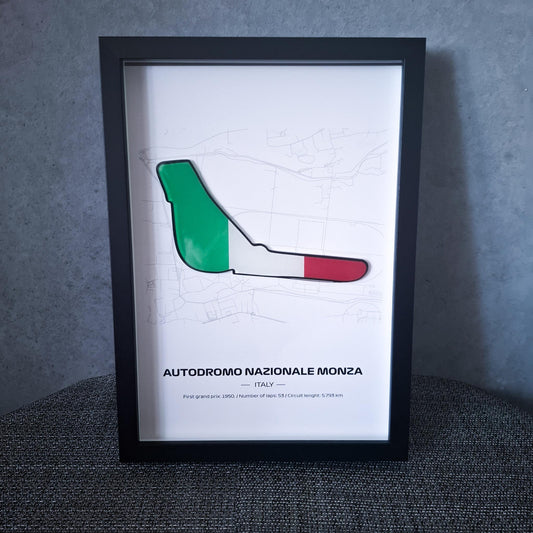 Framed Poster Monza Italy with 3D Flag - High-Quality Printed Background - 31,5 x 22,5cm Display - Formula 1 Gift