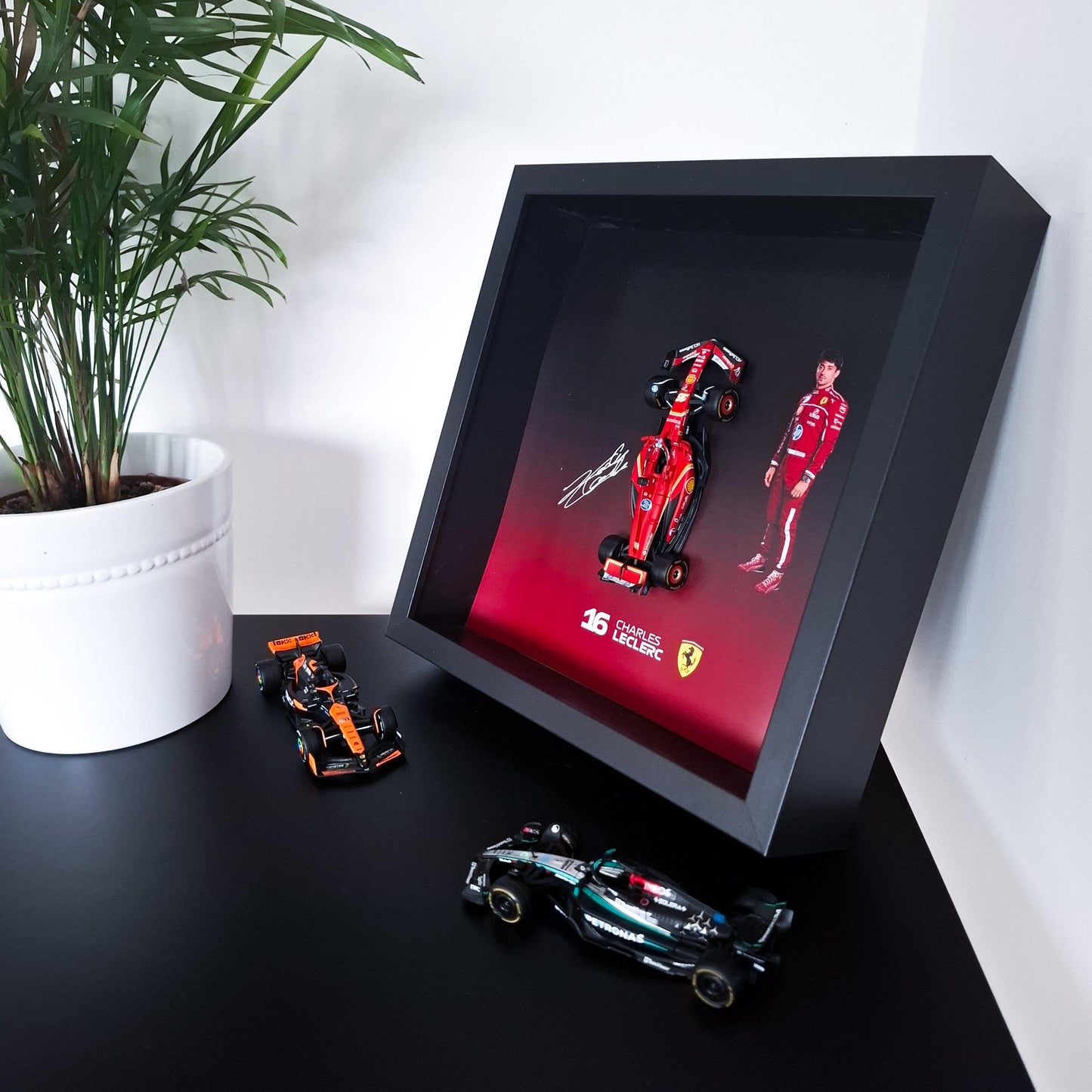 Charles Leclerc F1 Frame with Ferrari 1:43 Scale Car - High-Quality Printed Background - 25x25 cm Display - Formula 1 Gift