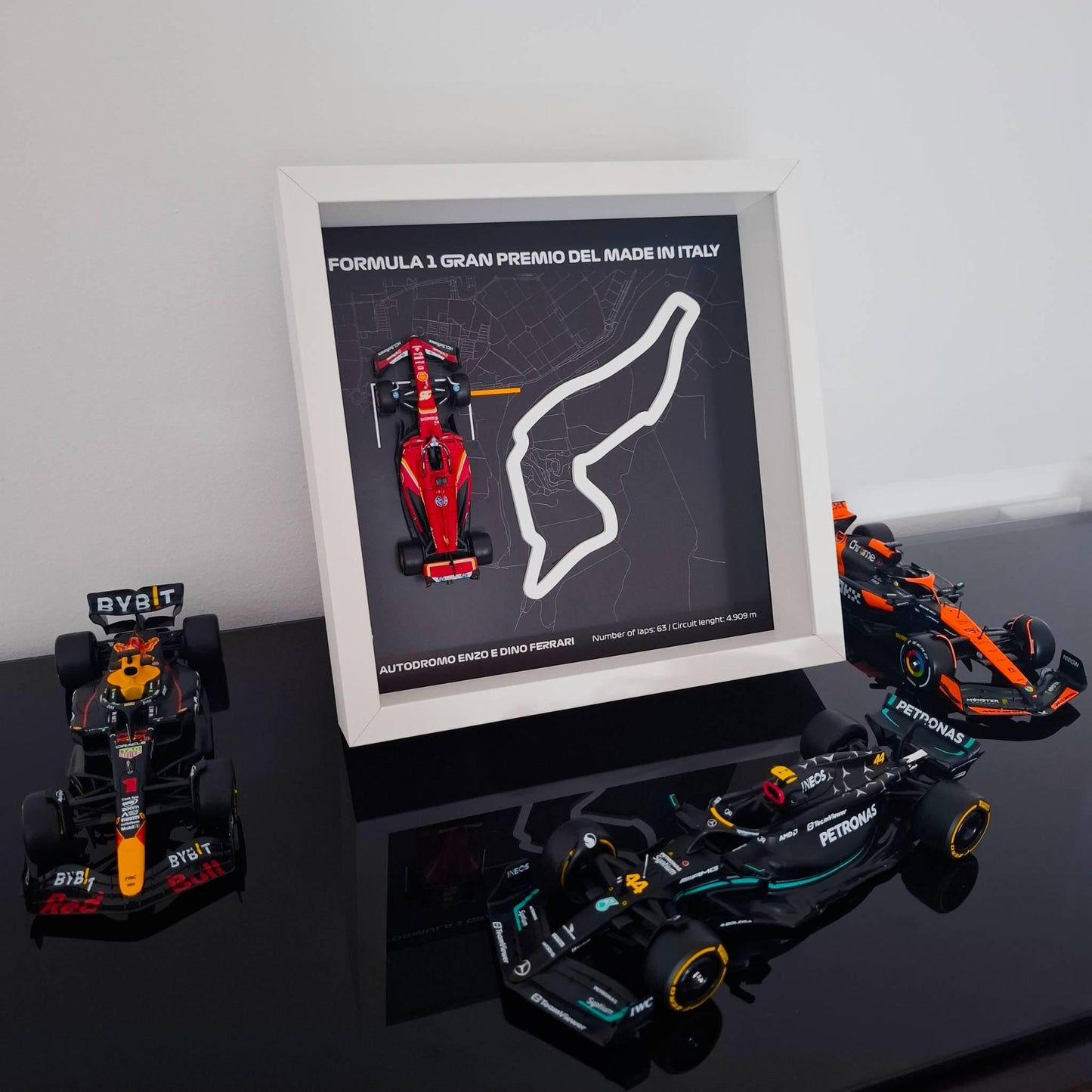 F1 Enzo E Dino Ferrari Circuit Framed Art: Plexiglass 3D Track with Formula One Car Model