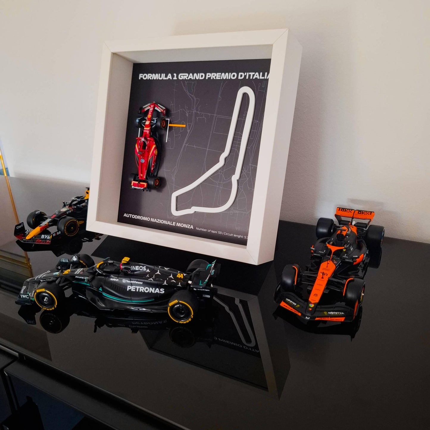 F1 Monza - D'Italia Framed Art: Plexiglass 3D Track with Formula One Car Model