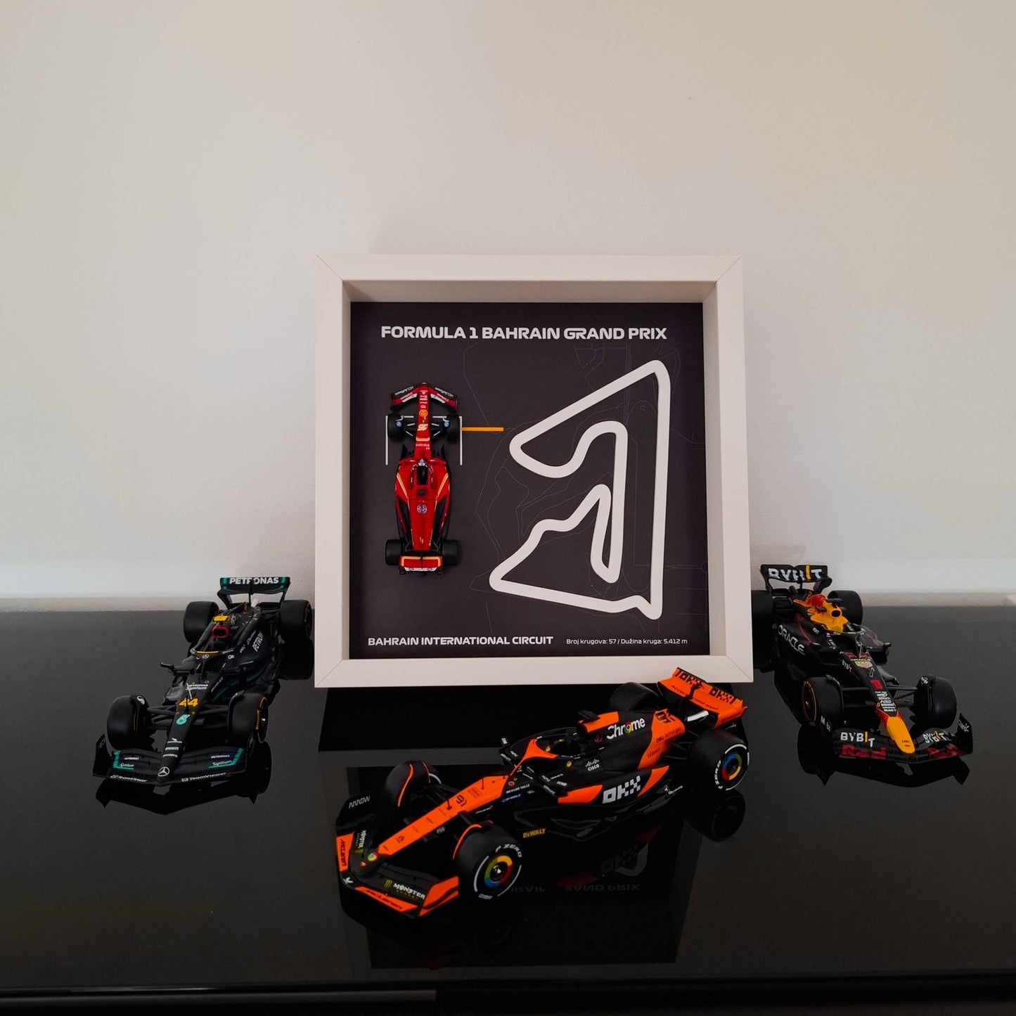 F1 Bahrain Circuit Framed Art: Plexiglass 3D Track with Formula One Car Model