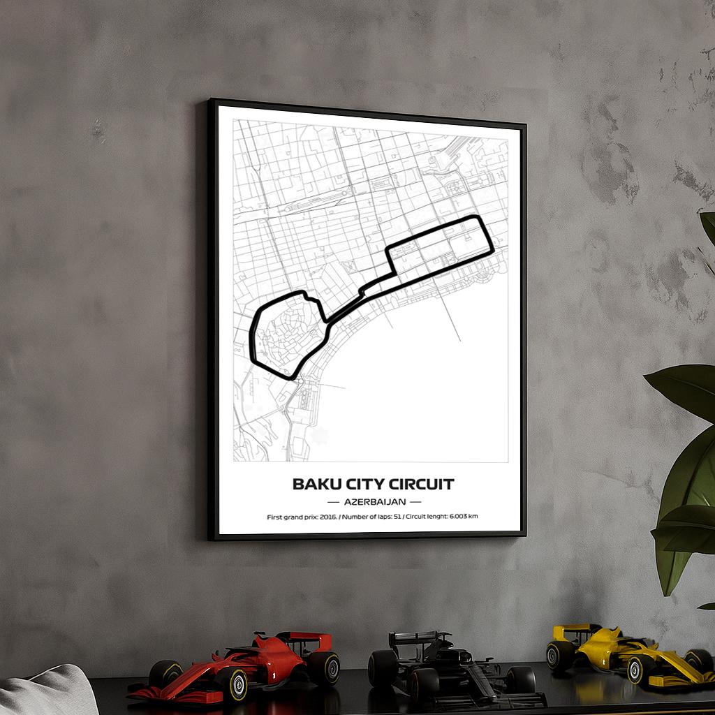 Framed Baku City F1 Track Poster: Minimalist Motorsport Art (50x70cm)
