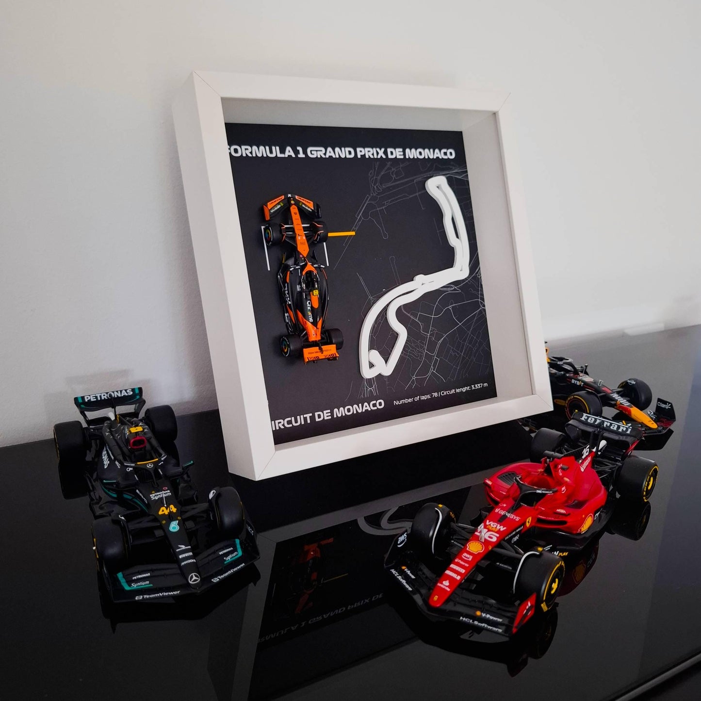 F1 Monaco Circuit Framed Art: Plexiglass 3D Track with Formula One Car Model
