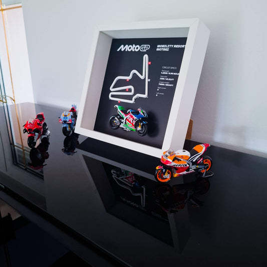 Motegi Moto Circuit 3D Framed Art: Japan Racing Gift with Motorcycle Model