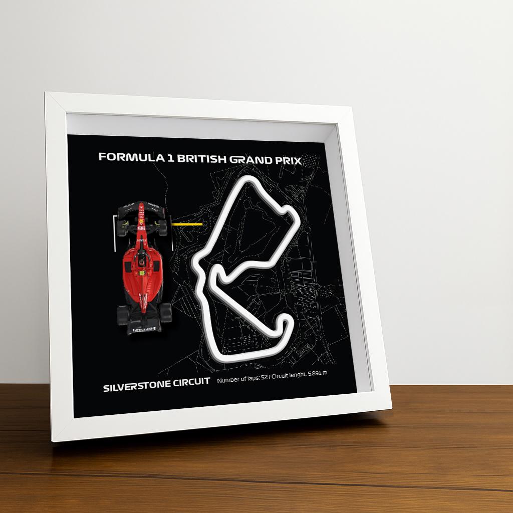 F1 Silverstone Circuit - British Framed Art: Plexiglass 3D Track with Formula One Car Model