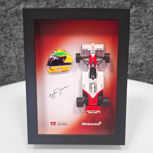 Aryton Senna #12 - F1 Frame with McLaren 1:43 Scale Car, 3D Helmet and Signature