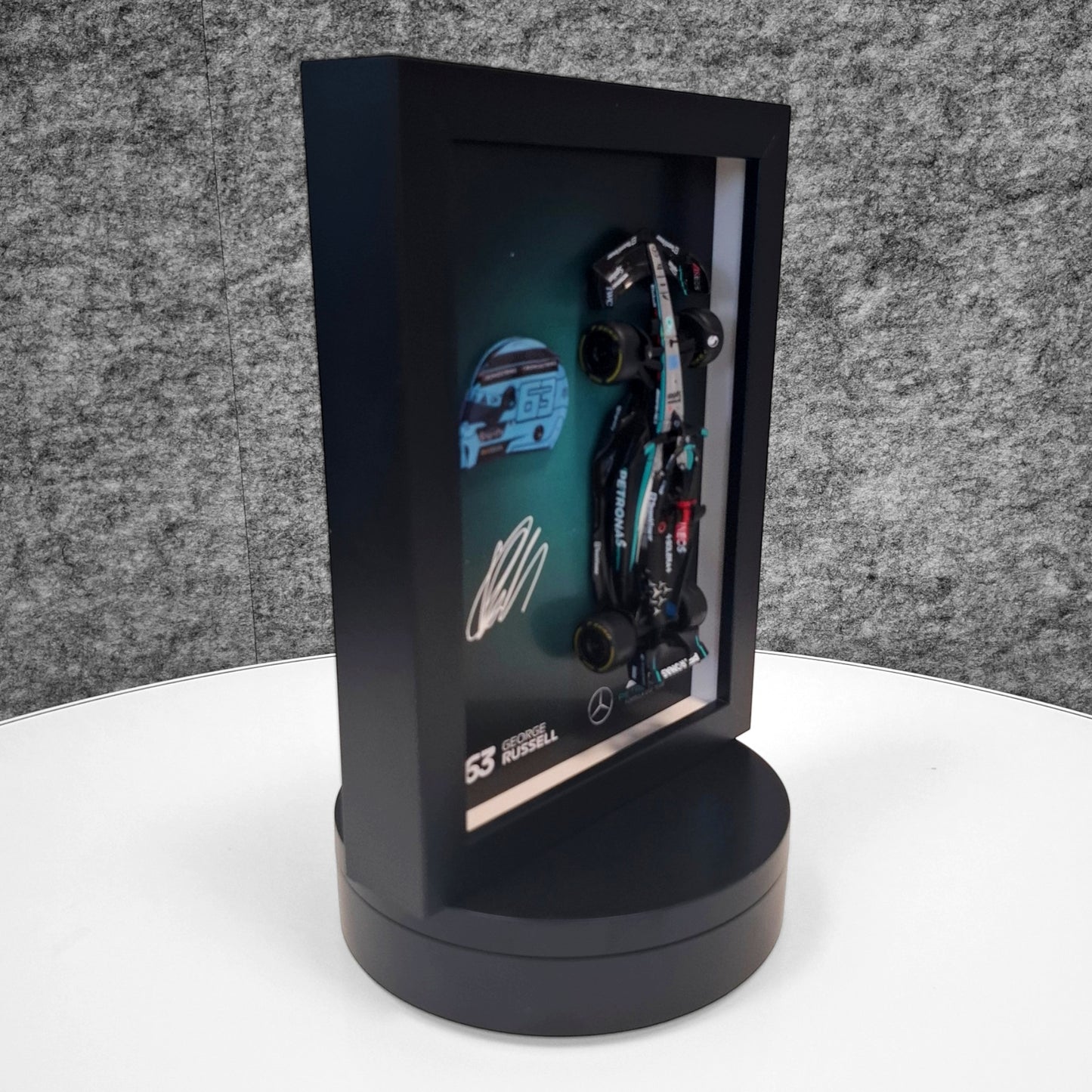 George Russell F1 Frame with AMG 1:43 Scale Car, 3D Helmet and Signature