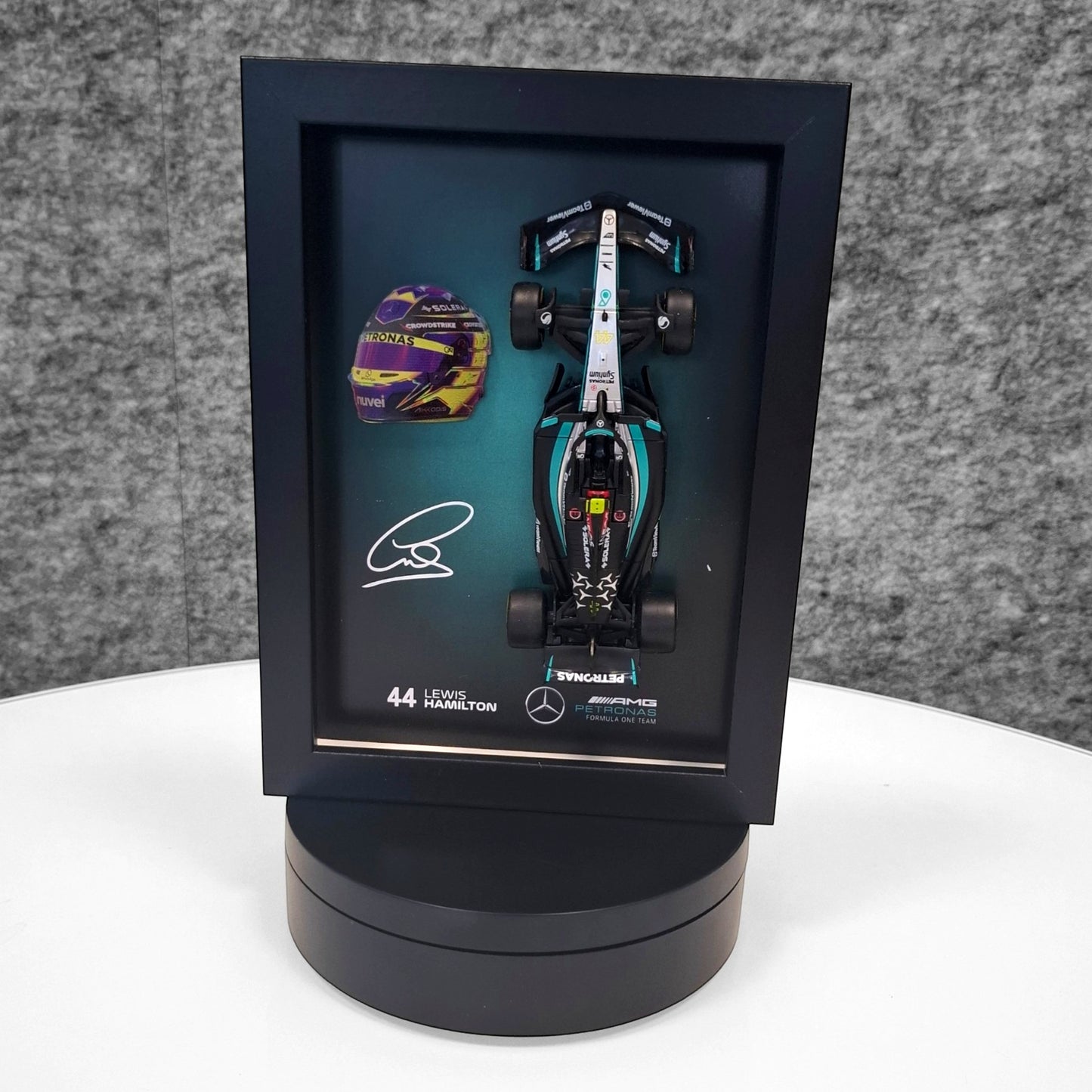 Lewis Hamilton F1 Frame with AMG 1:43 Scale Car, 3D Helmet and Signature