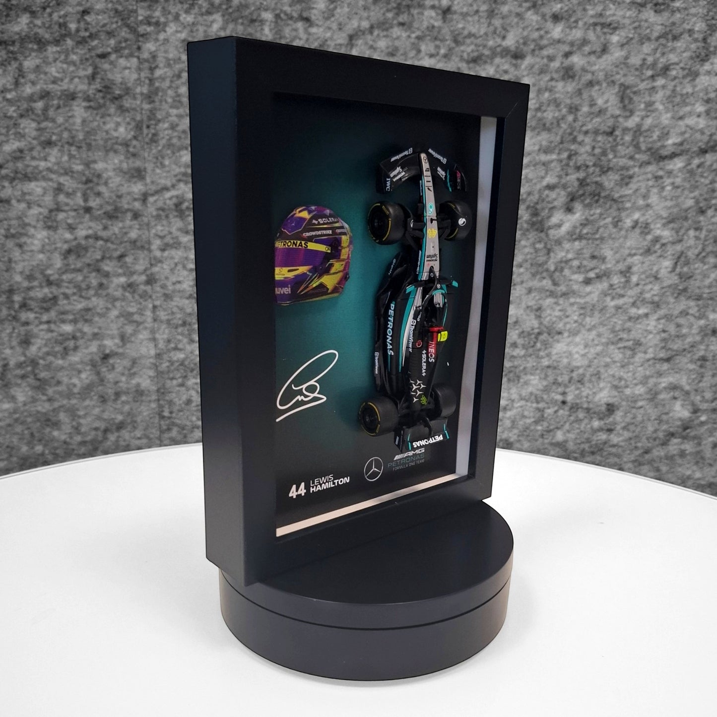 Lewis Hamilton F1 Frame with AMG 1:43 Scale Car, 3D Helmet and Signature