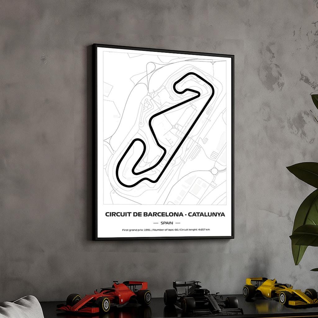 Framed F1 Catalunya Circuit Poster: Minimalist Motorsport Art (50x70cm)