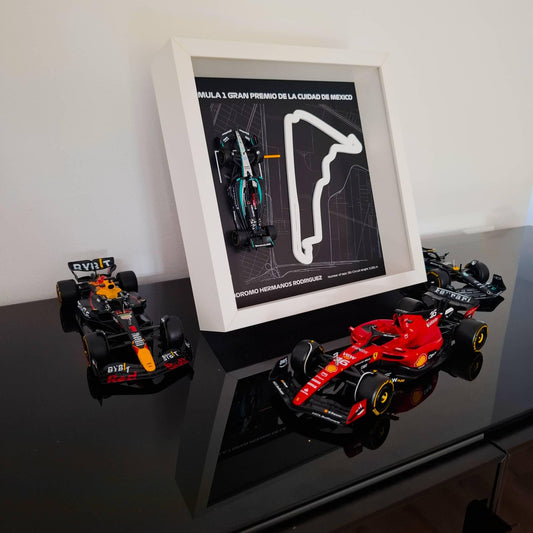F1 Mexico - Hermanos Rodriguez Circuit Framed Artwork: Plexiglass 3D Track with Formula One Car Model