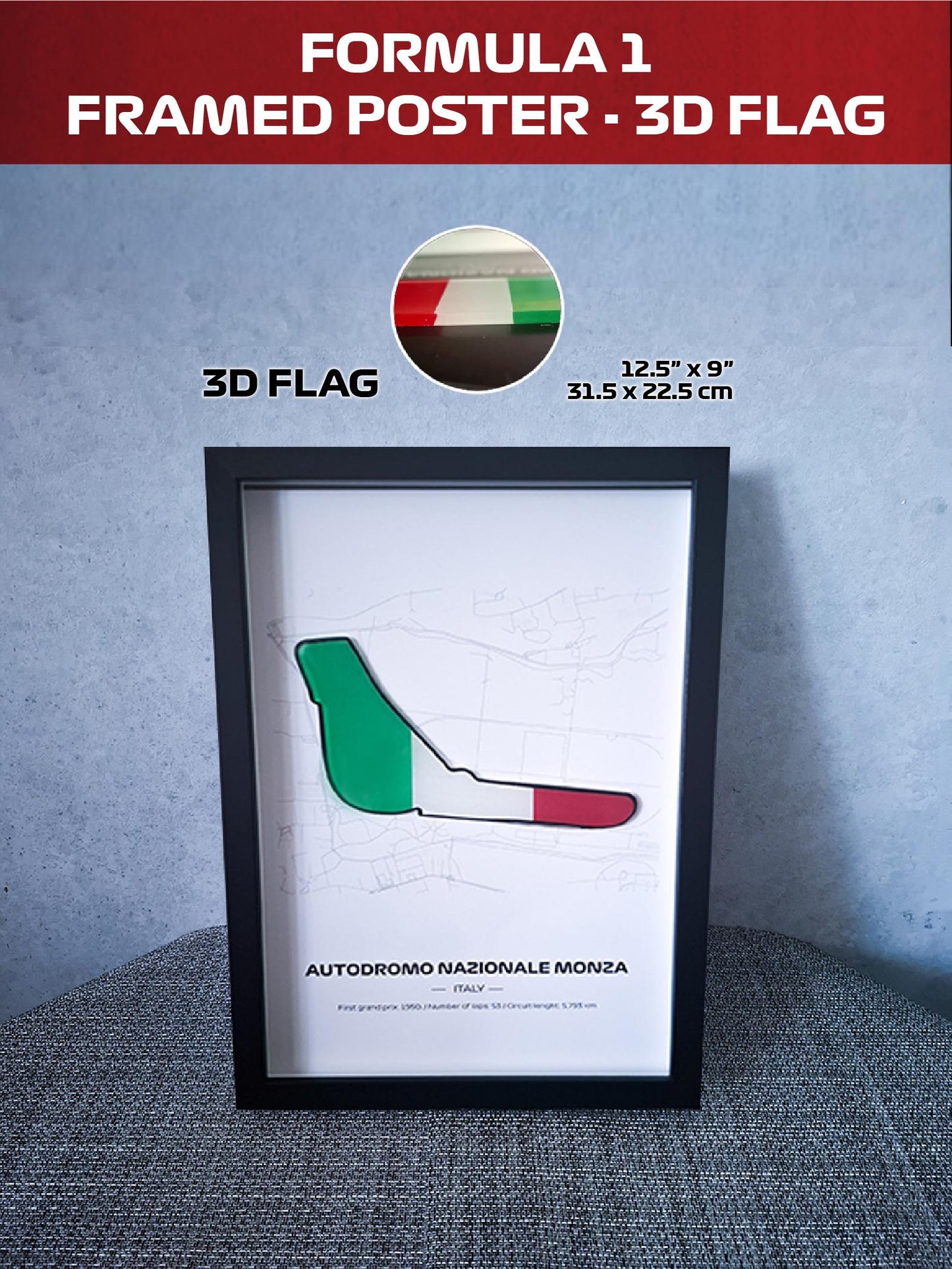 Framed Poster Monza Italy with 3D Flag - High-Quality Printed Background - 31,5 x 22,5cm Display - Formula 1 Gift
