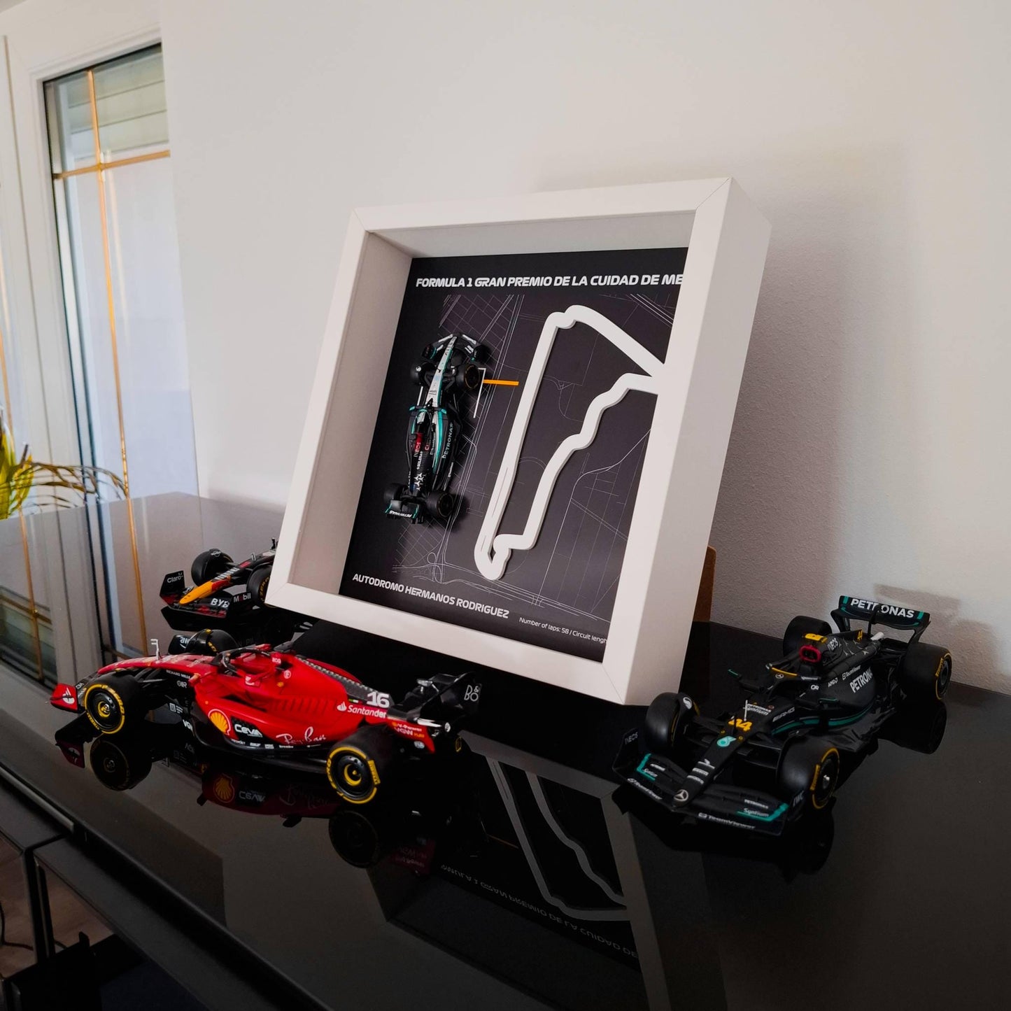 F1 Mexico - Hermanos Rodriguez Circuit Framed Artwork: Plexiglass 3D Track with Formula One Car Model