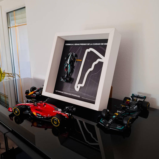 F1 Mexico - Hermanos Rodriguez Circuit Framed Artwork: Plexiglass 3D Track with Formula One Car Model