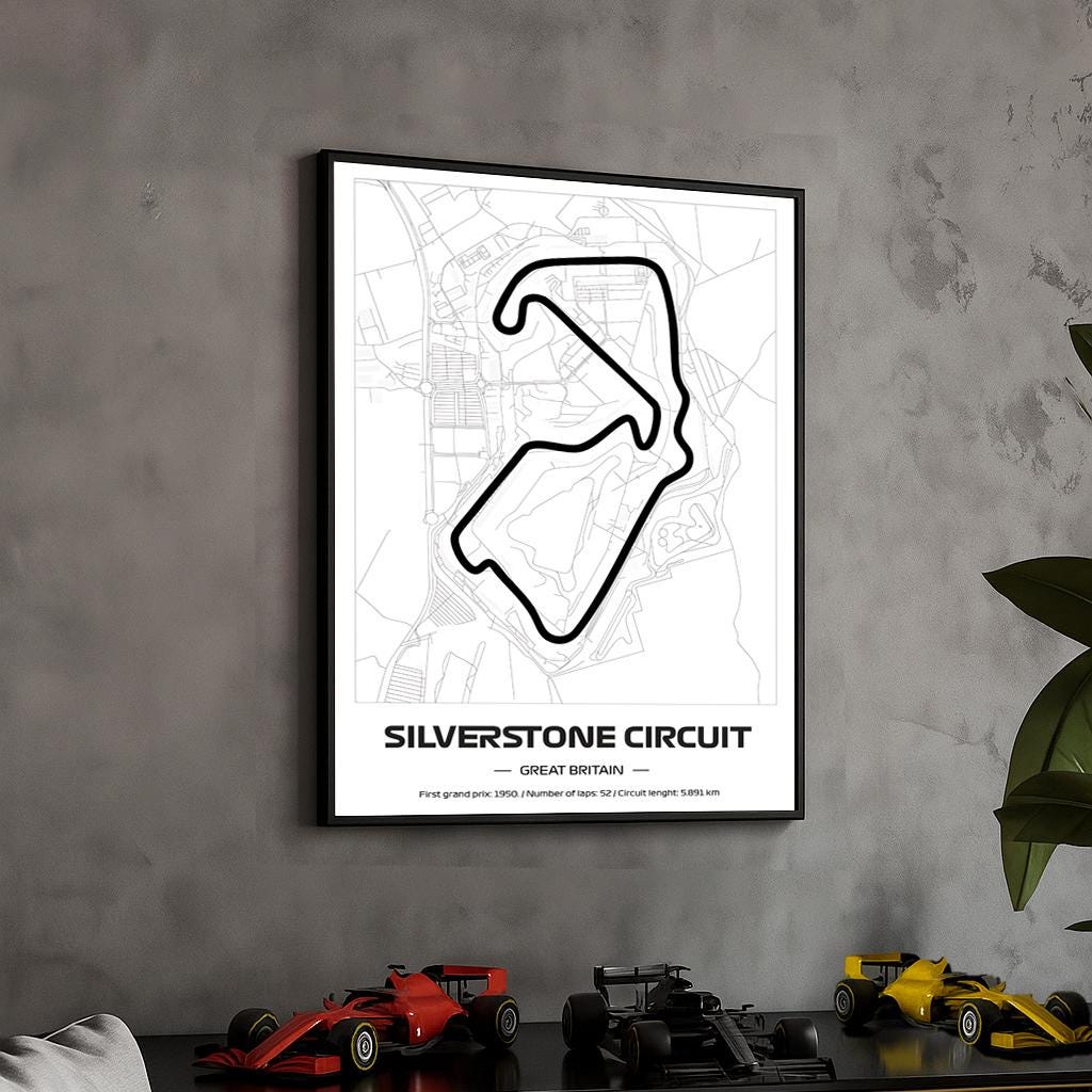 Framed Silverstone F1 Track Poster: Minimalist Motorsport Art (50x70cm)