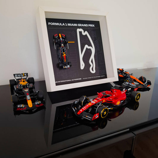 F1 Miami Framed Art: Plexiglass 3D Track with Formula One Car Model