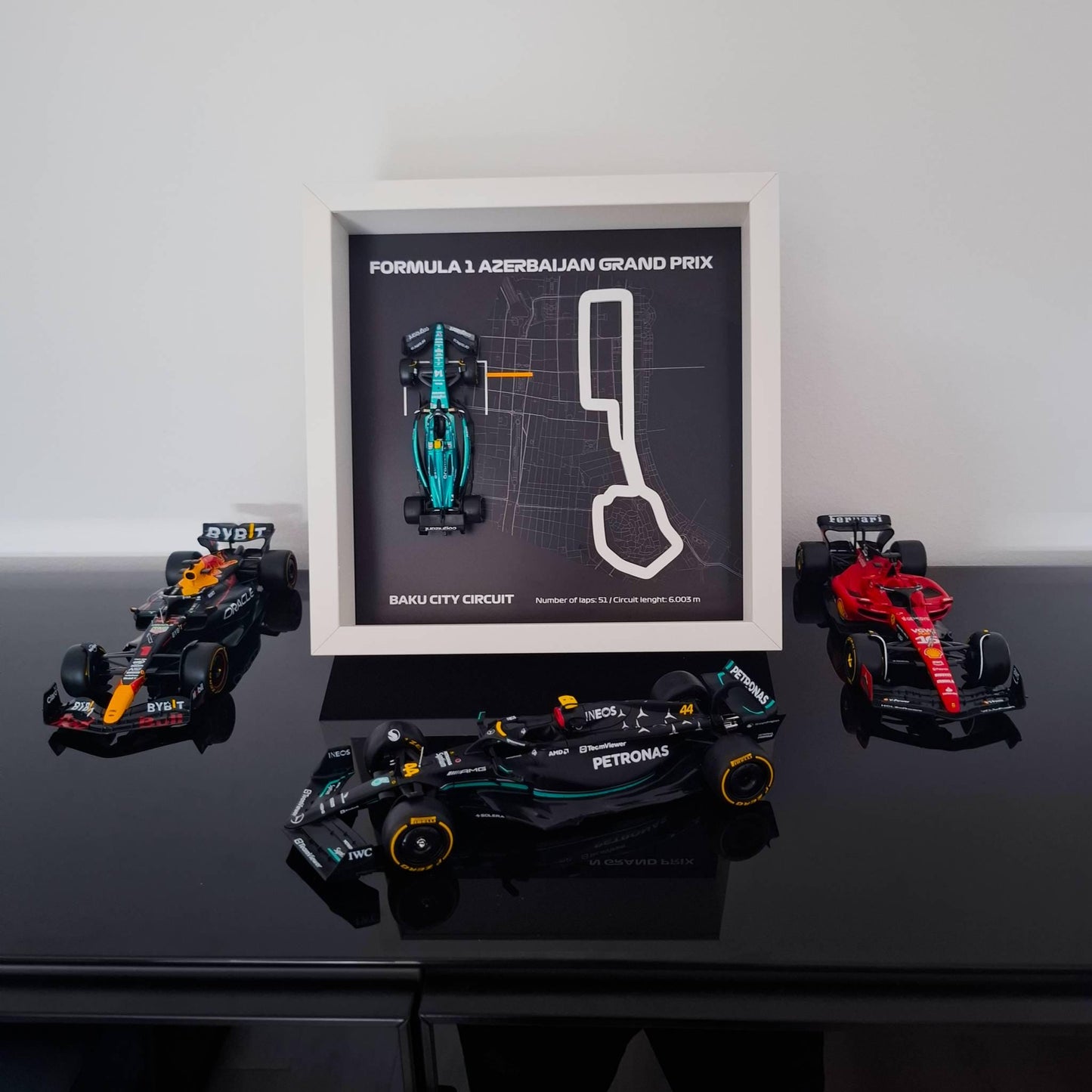 F1 Azerbaijan - Baku City Circuit Framed Art: Plexiglass 3D Track with Formula One Car Model