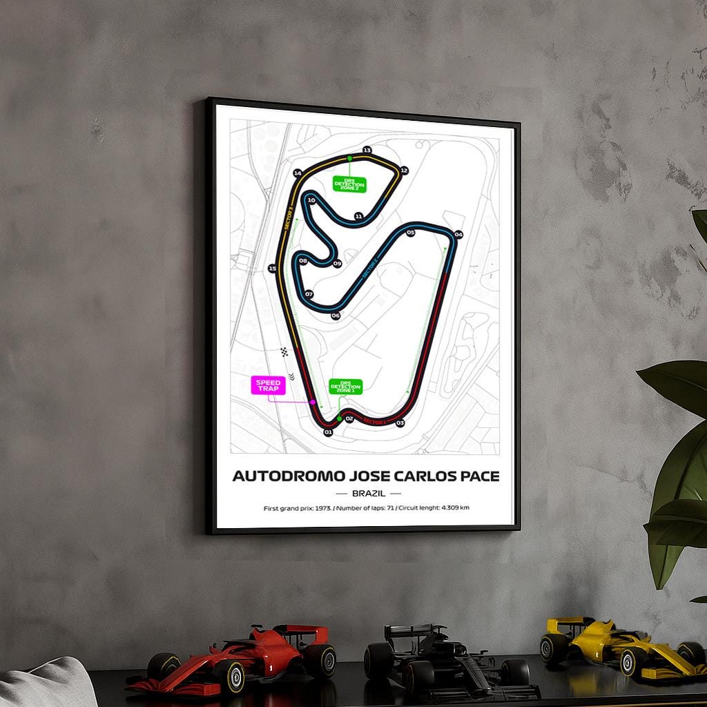 Framed Interlagos F1 Track Poster: 2025 Grand Prix Circuit Map