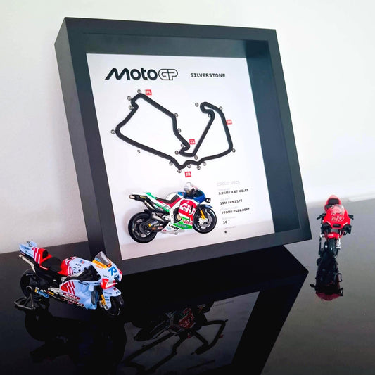 Silverstone Moto Circuit 3D Framed Track Wall Art with Motorcycle Model – UK Racing Gift