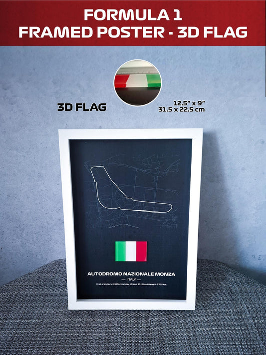 Framed Poster Monza Italy with 3D Flag - High-Quality Printed Background - 31,5 x 22,5cm Display - Formula 1 Gift