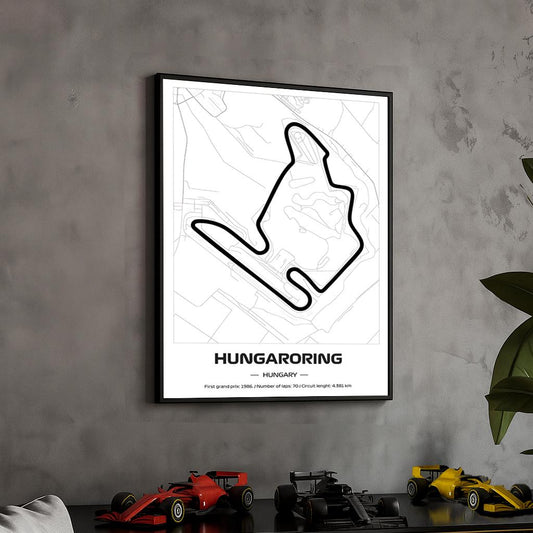 Framed Hungaroring F1 Track Poster: Minimalist Motorsport Art (50x70cm)