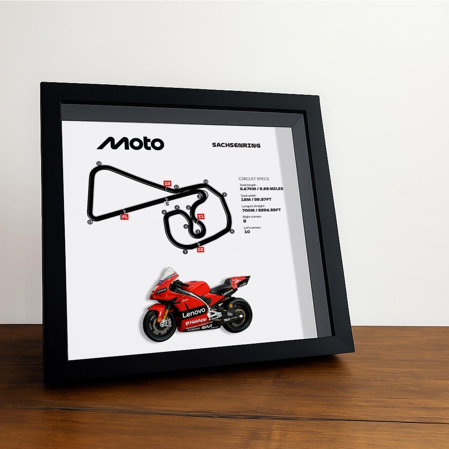 Sachsenring Moto Circuit 3D Framed Track Wall Art with Motorcycle Model – Germany Racing Gift