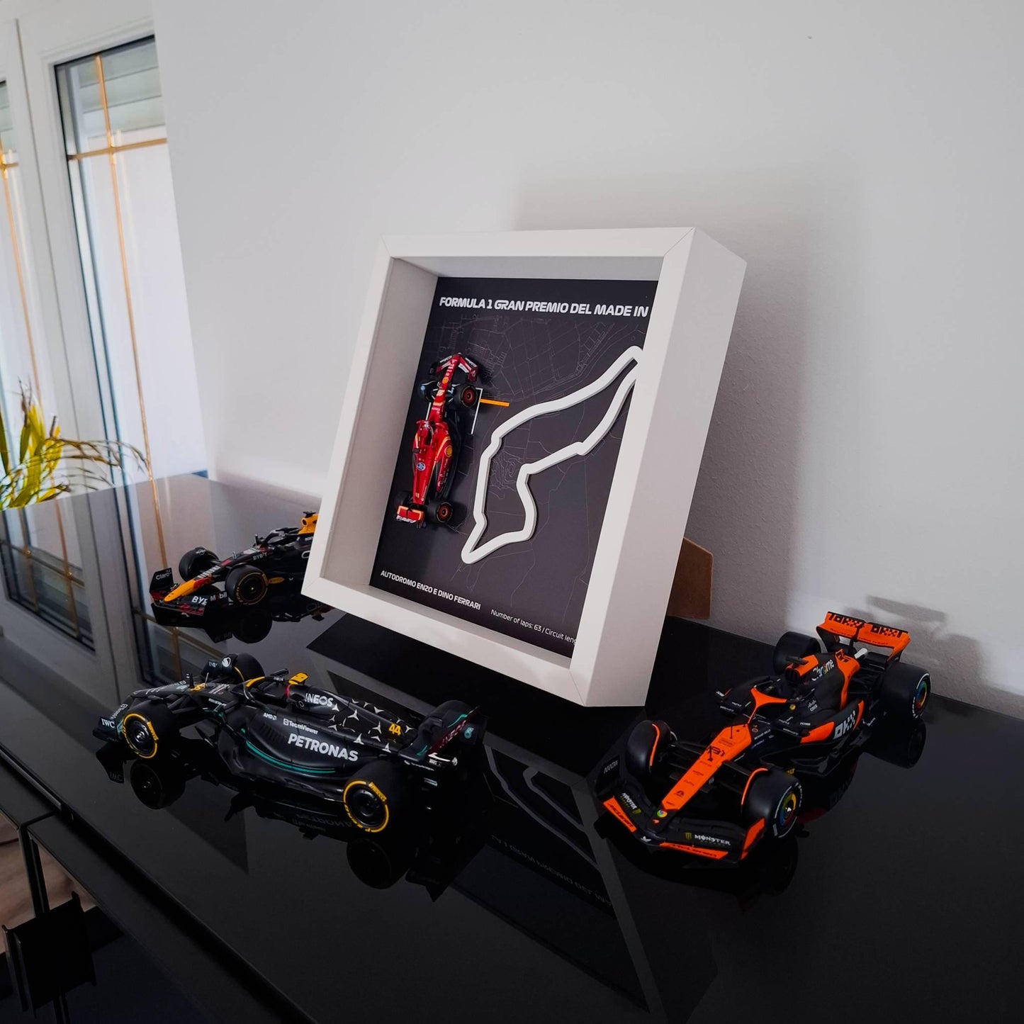 F1 Enzo E Dino Ferrari Circuit Framed Art: Plexiglass 3D Track with Formula One Car Model