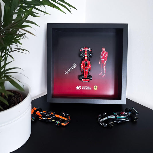 Charles Leclerc F1 Frame with Ferrari 1:43 Scale Car - High-Quality Printed Background - 25x25 cm Display - Formula 1 Gift