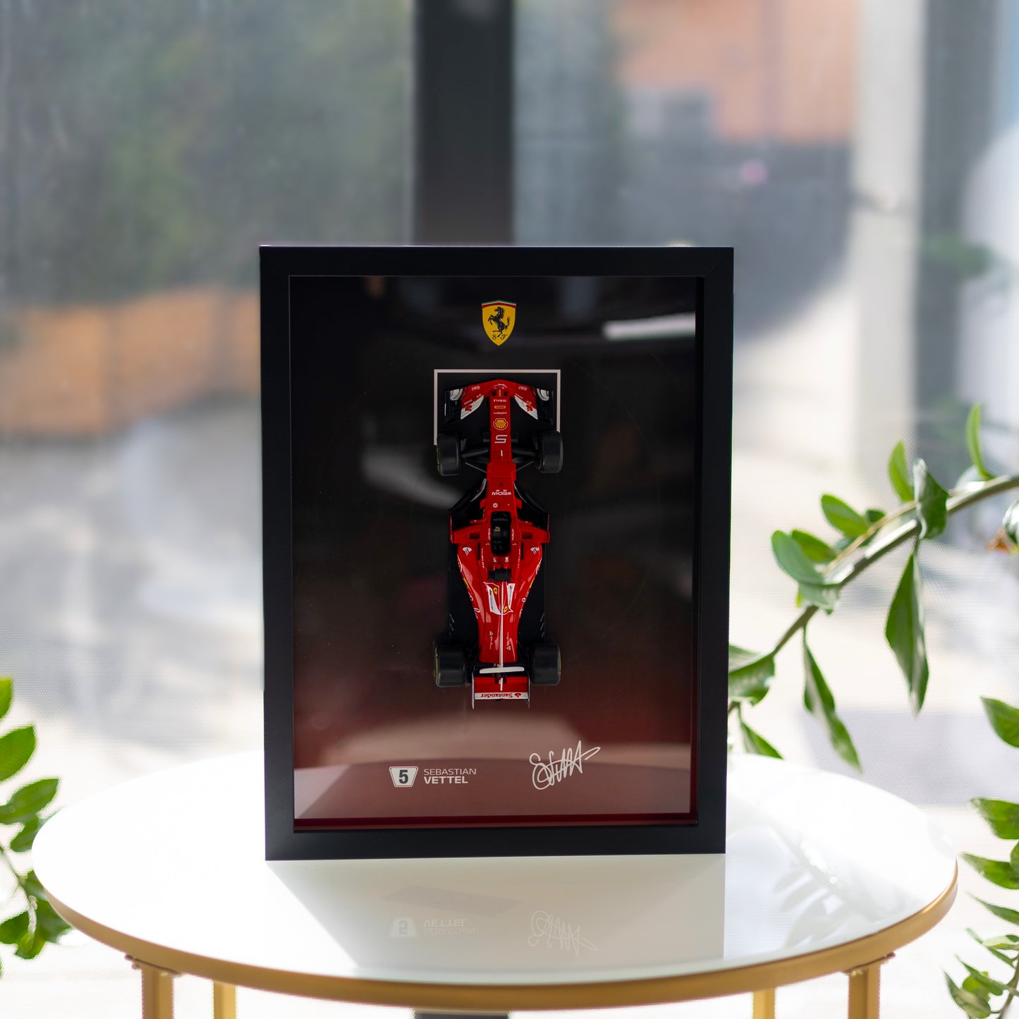 Sebastian Vettel F1 Frame with Ferrari 1:24 Scale Car - Background with Name and Signature - 30x40cm Display - Formula 1 Gift