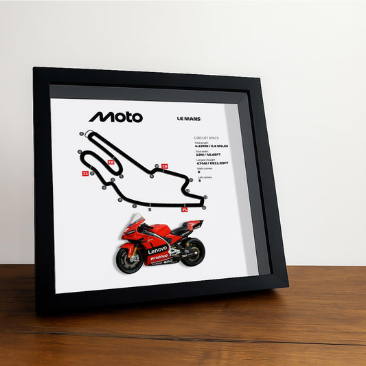 Le Mans Moto Circuit 3D Framed Art: France Racing Gift with Motorcycle Model