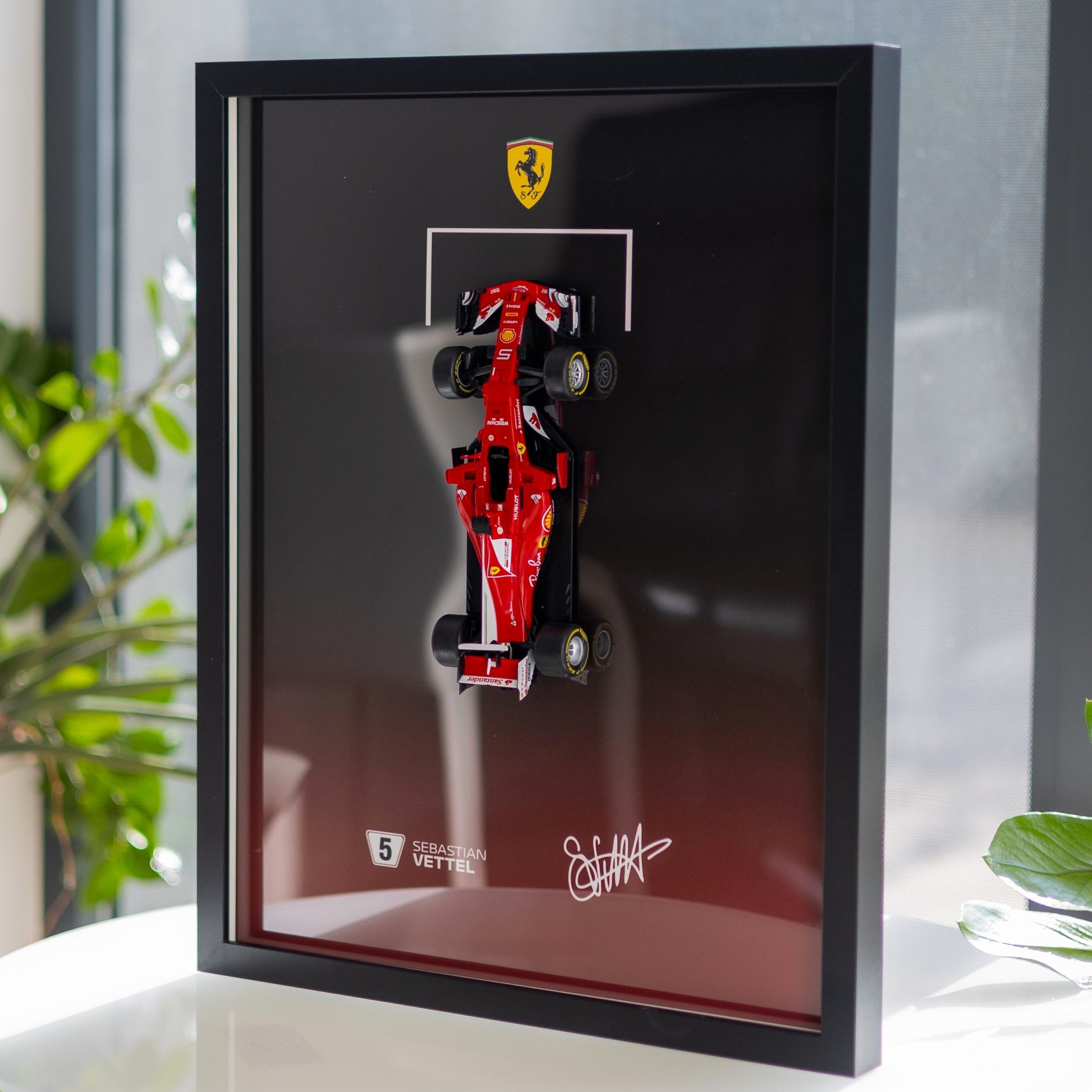 Ferrari Formula 1 car model in a black frame on a white table with plants in the background