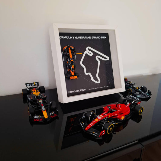 F1 Hungaroring - Hungarian Circuit Framed Art: Plexiglass 3D Track with Formula One Car Model